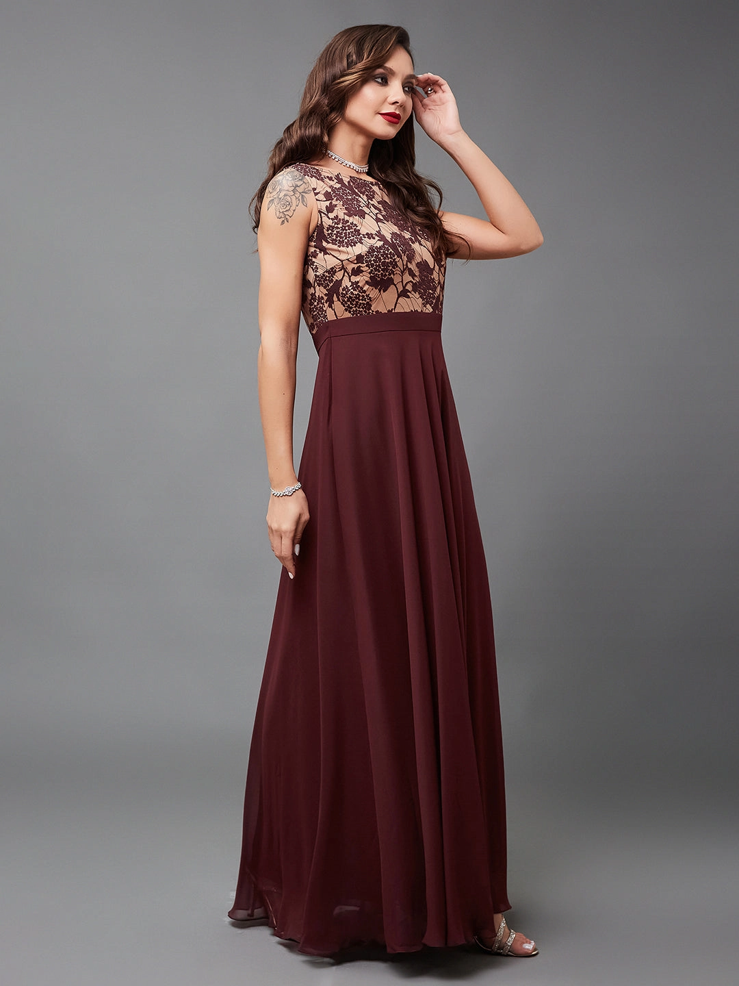 Drapey Fabric Women's Beige & Wine Round Neck Sleeveless Georgette Floral Lace Fit & Flare Maxi Dress