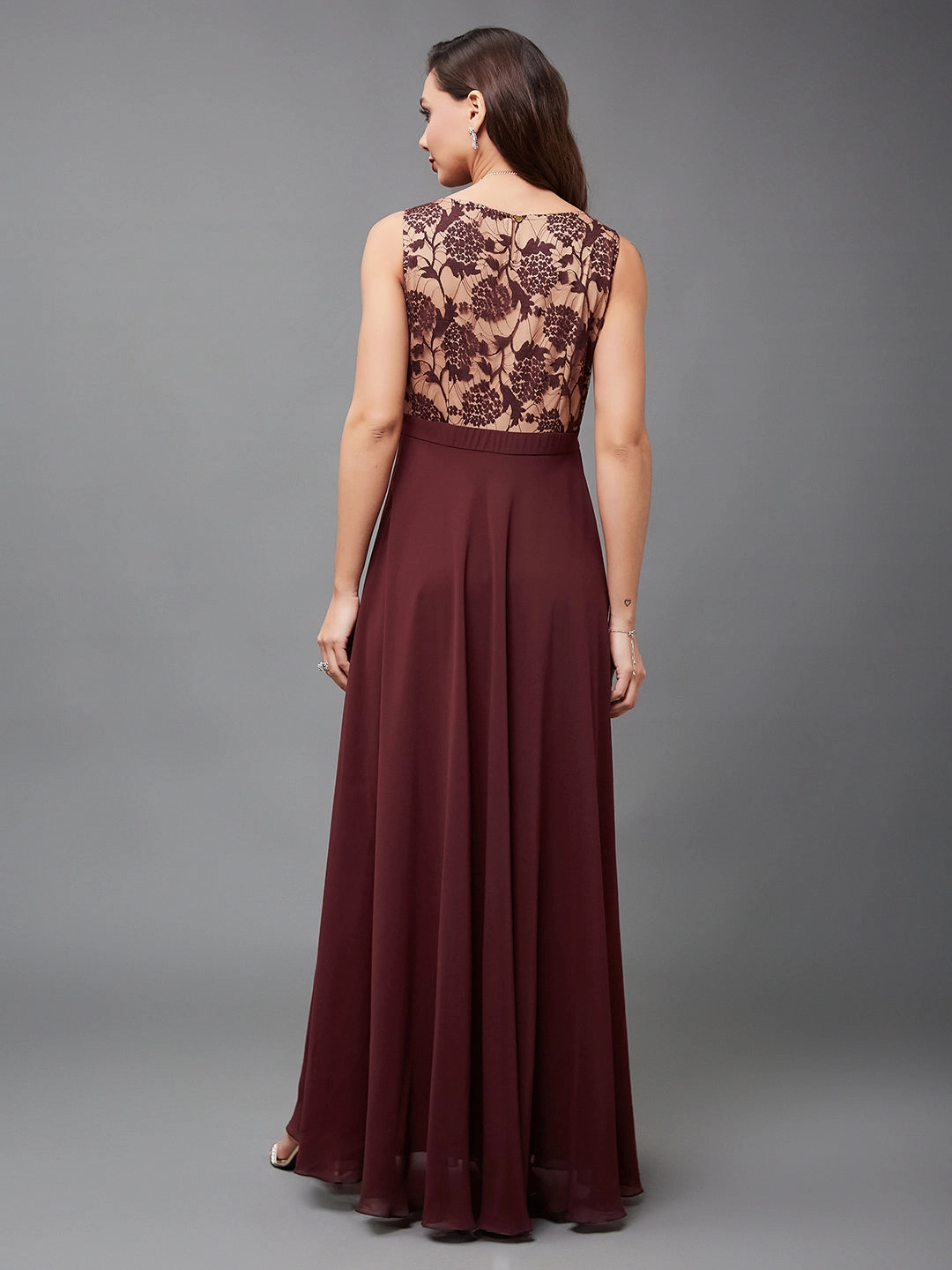 Comfortable texture Anniversary-Event Women's Beige & Wine Round Neck Sleeveless Georgette Floral Lace Fit & Flare Maxi Dress