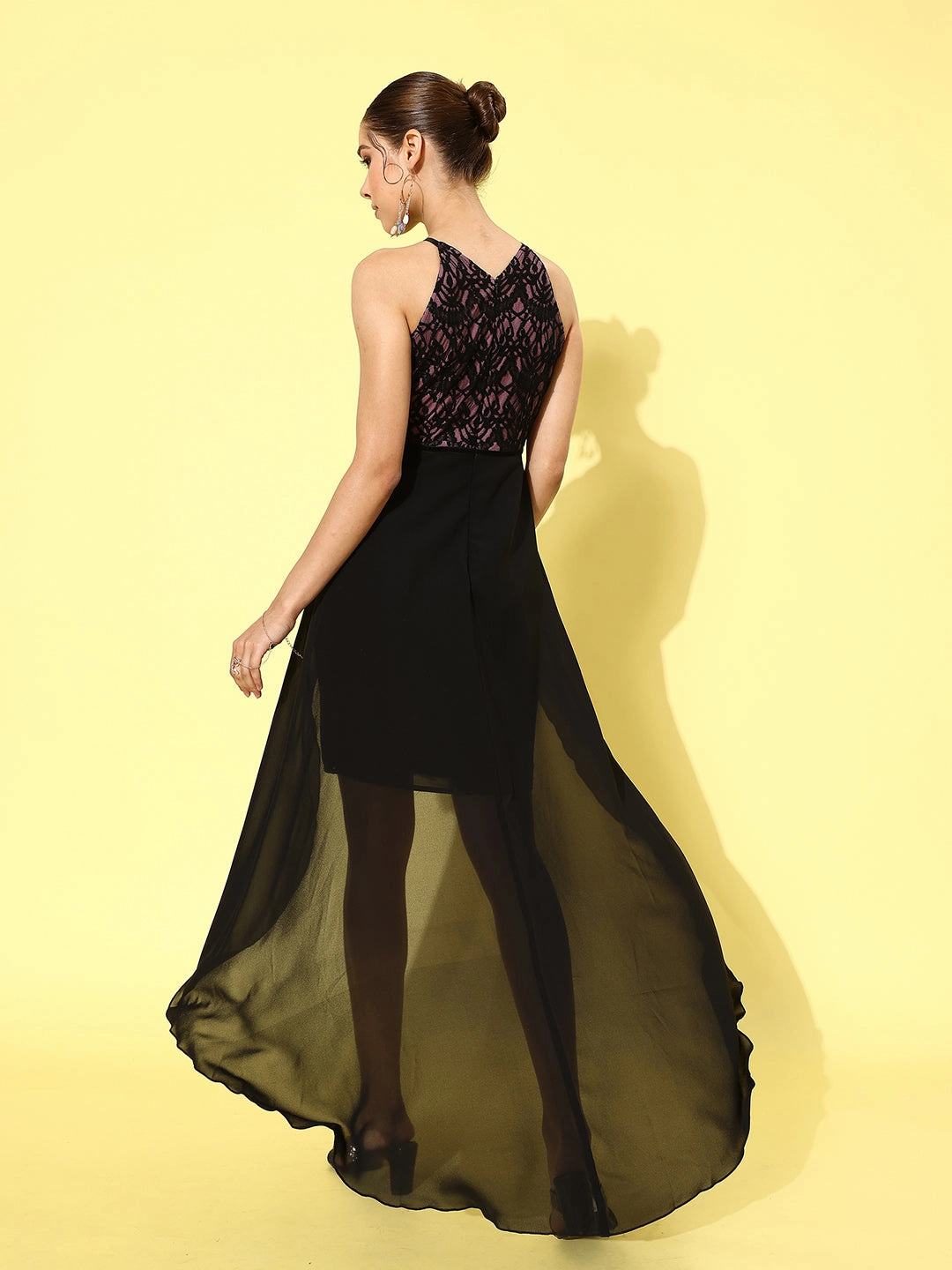 Comfortable and Soft Natural Fit Women's Black & Dusty Lavender Round Neck Sleeveless Self Design Lace-overlaid Knee-Long Dress