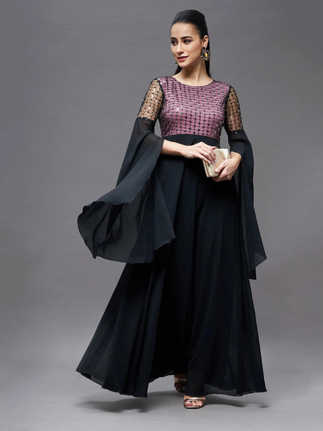 Chilly Weather Wear Women's Black & Lavender Relaxed Fit Maxi Georgette & Sequins Dress