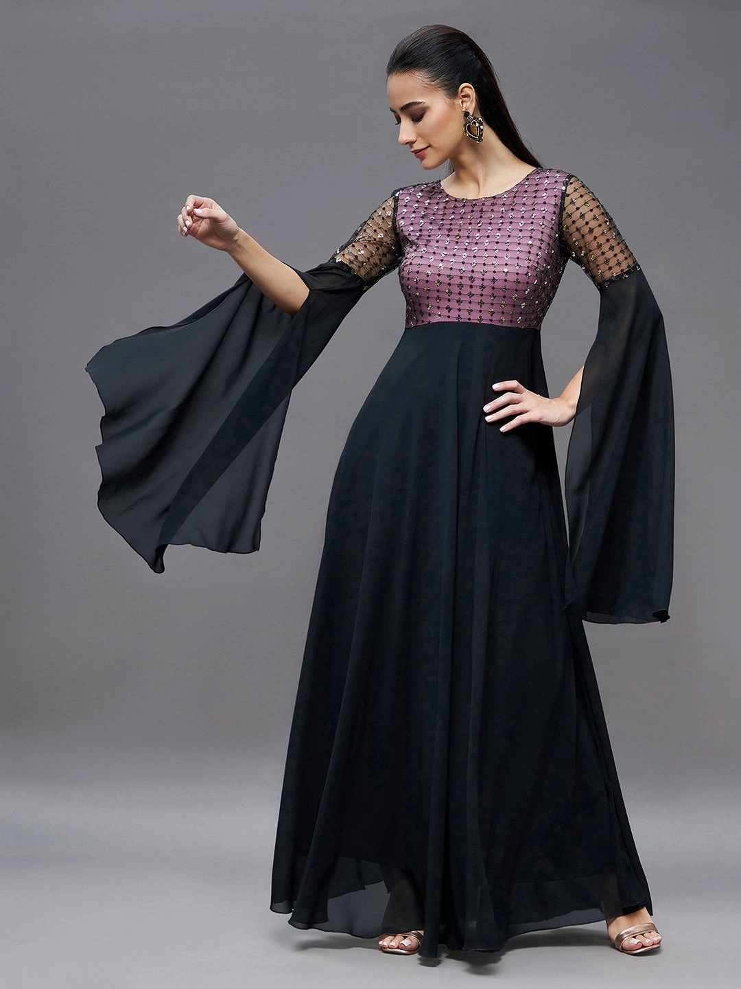Autumn-Season Flattering Shape Look Women's Black & Lavender Relaxed Fit Maxi Georgette & Sequins Dress