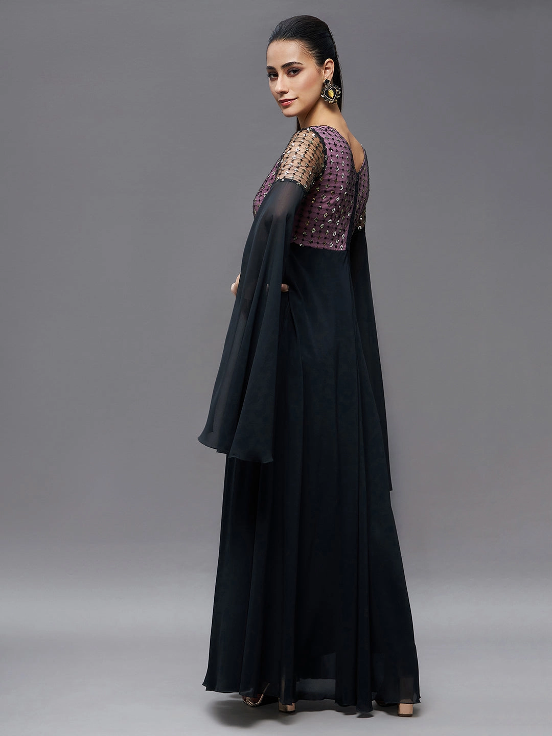 Curve Friendly Delicate Details Women's Black & Lavender Relaxed Fit Maxi Georgette & Sequins Dress