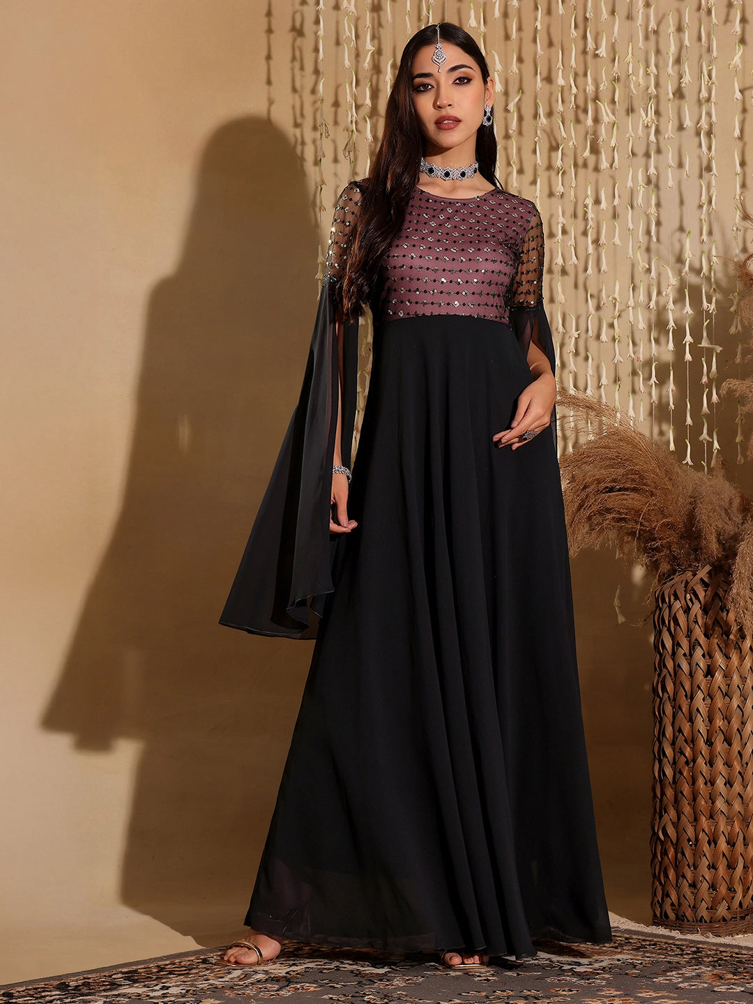 Textured Look Women's Black & Lavender Relaxed Fit Maxi Georgette & Sequins Dress