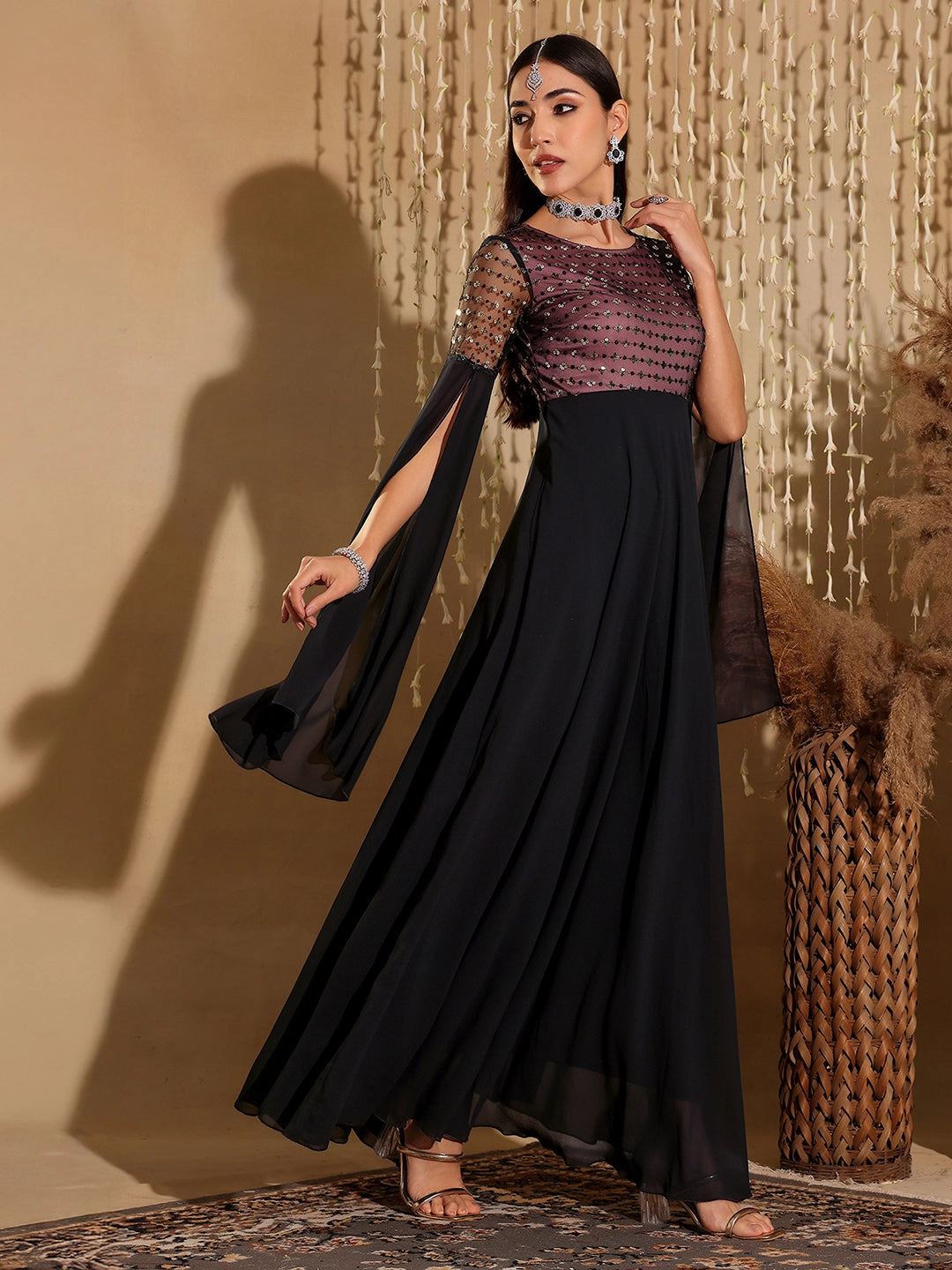 Women's Black & Lavender Relaxed Fit Maxi Georgette & Sequins Dress Art Event