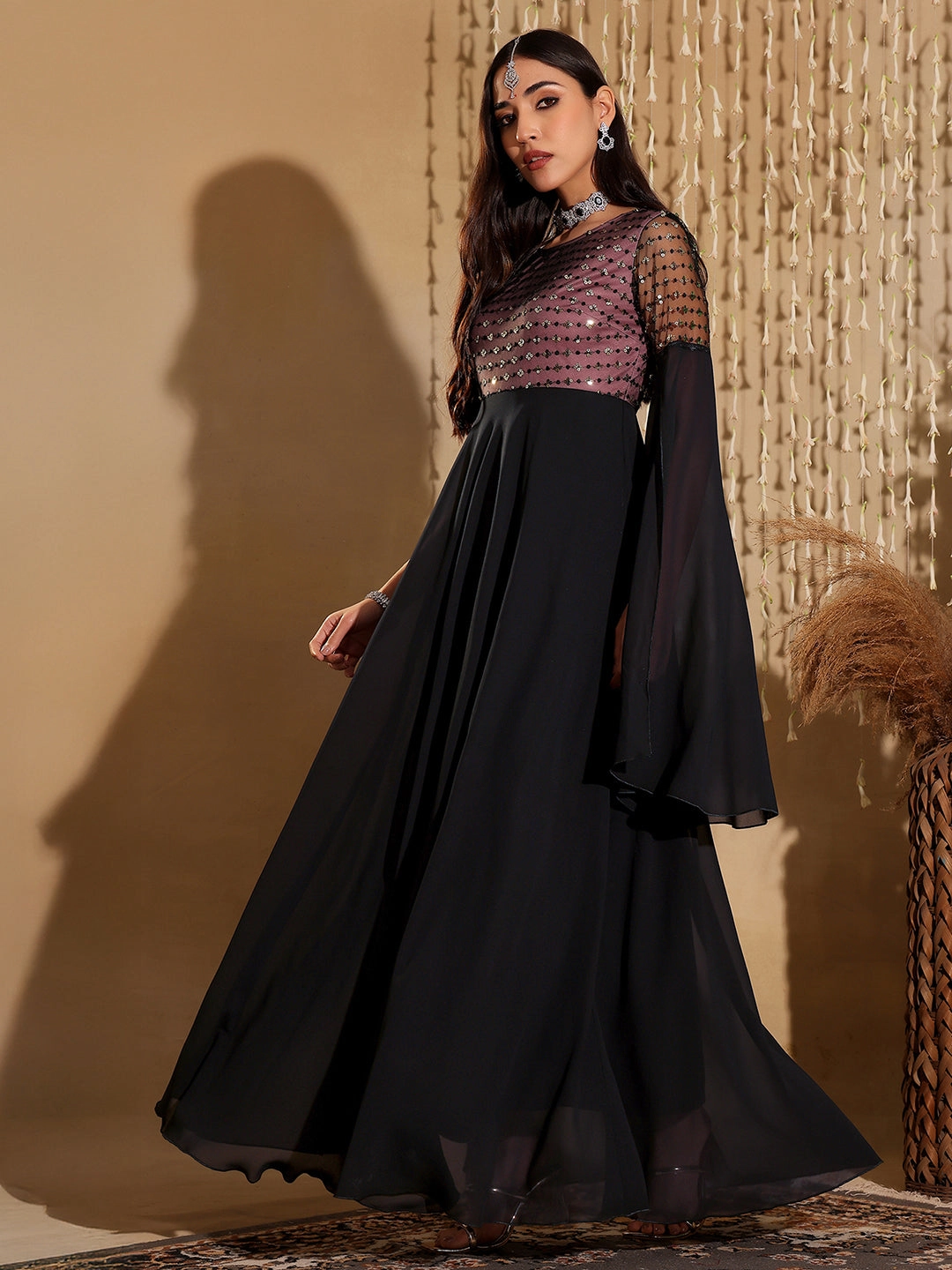 Cool Shape Dreamy Layers Women's Black & Lavender Relaxed Fit Maxi Georgette & Sequins Dress
