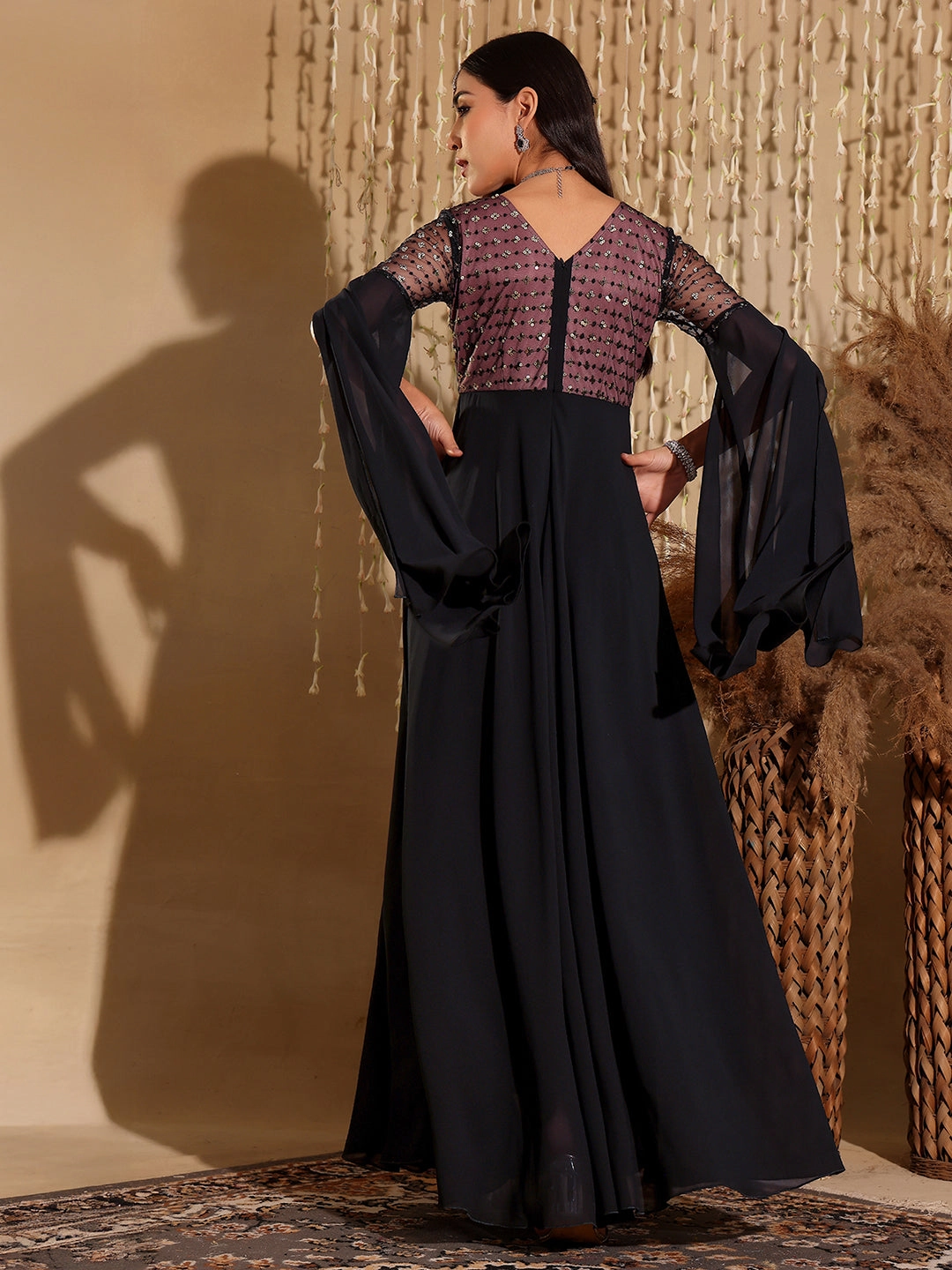 Event Mood Women's Black & Lavender Relaxed Fit Maxi Georgette & Sequins Dress