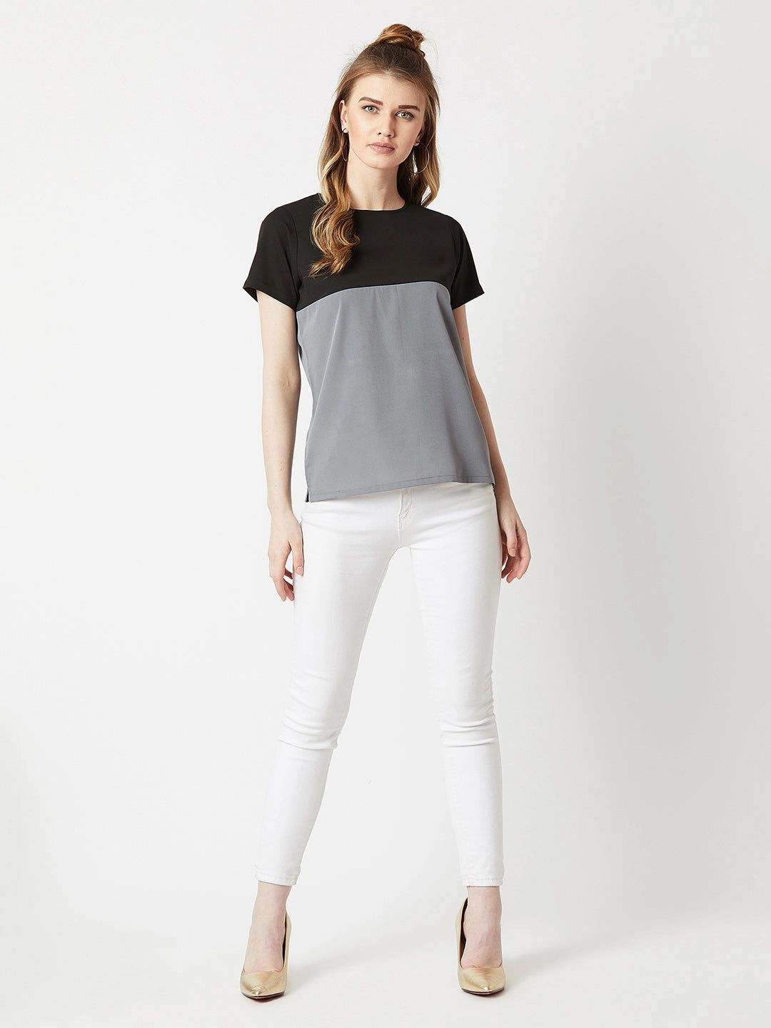 Women's Black & Steel Grey Round Neck Short Sleeve Solid Color Block Boxy Top 3D Spacer Fabric Comfortable Look