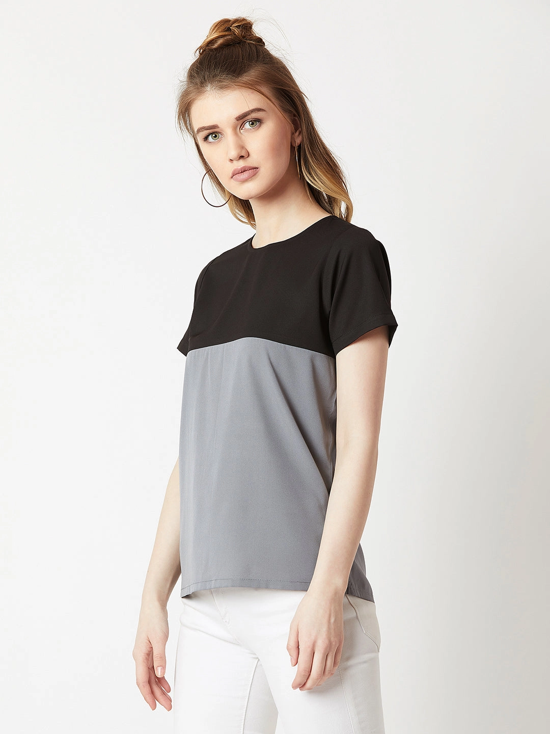 Women's Black & Steel Grey Round Neck Short Sleeve Solid Color Block Boxy Top All Weather Performance Fabric ContrastPlacket