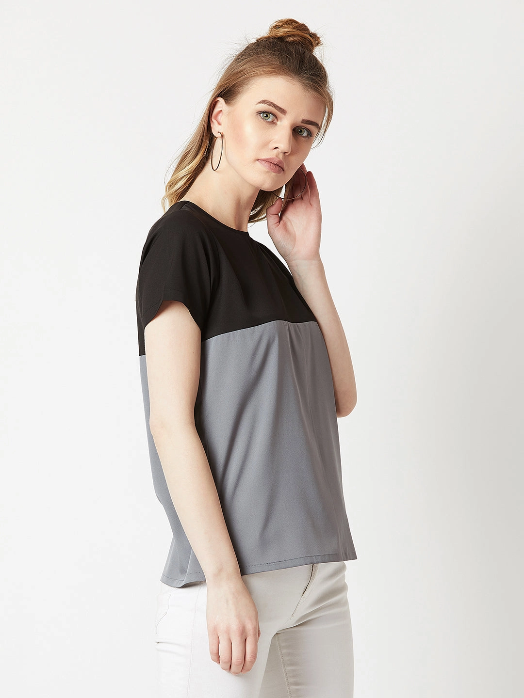 Women's Black & Steel Grey Round Neck Short Sleeve Solid Color Block Boxy Top DoubleStitching Sustainable Production Methods