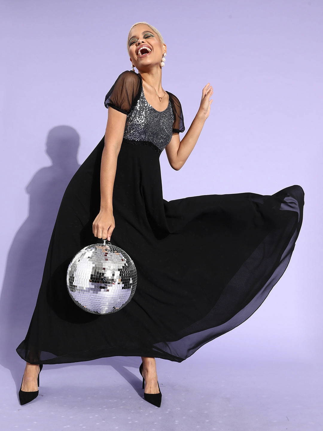 Women's Black And Silver Sequined Fit & Flare Party Maxi Dress Versatile Layering