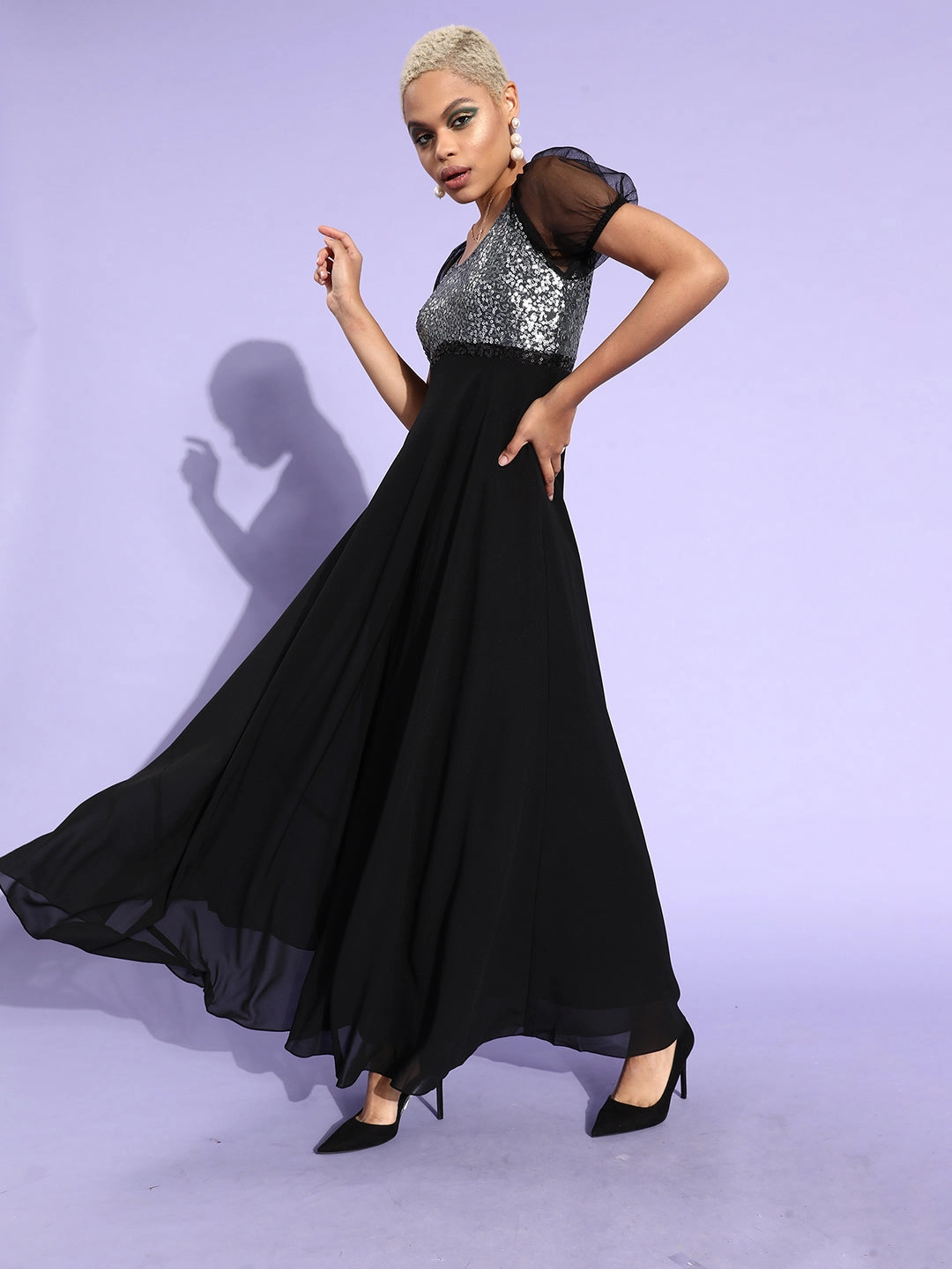 Calm Style Breathable wear Women's Black And Silver Sequined Fit & Flare Party Maxi Dress