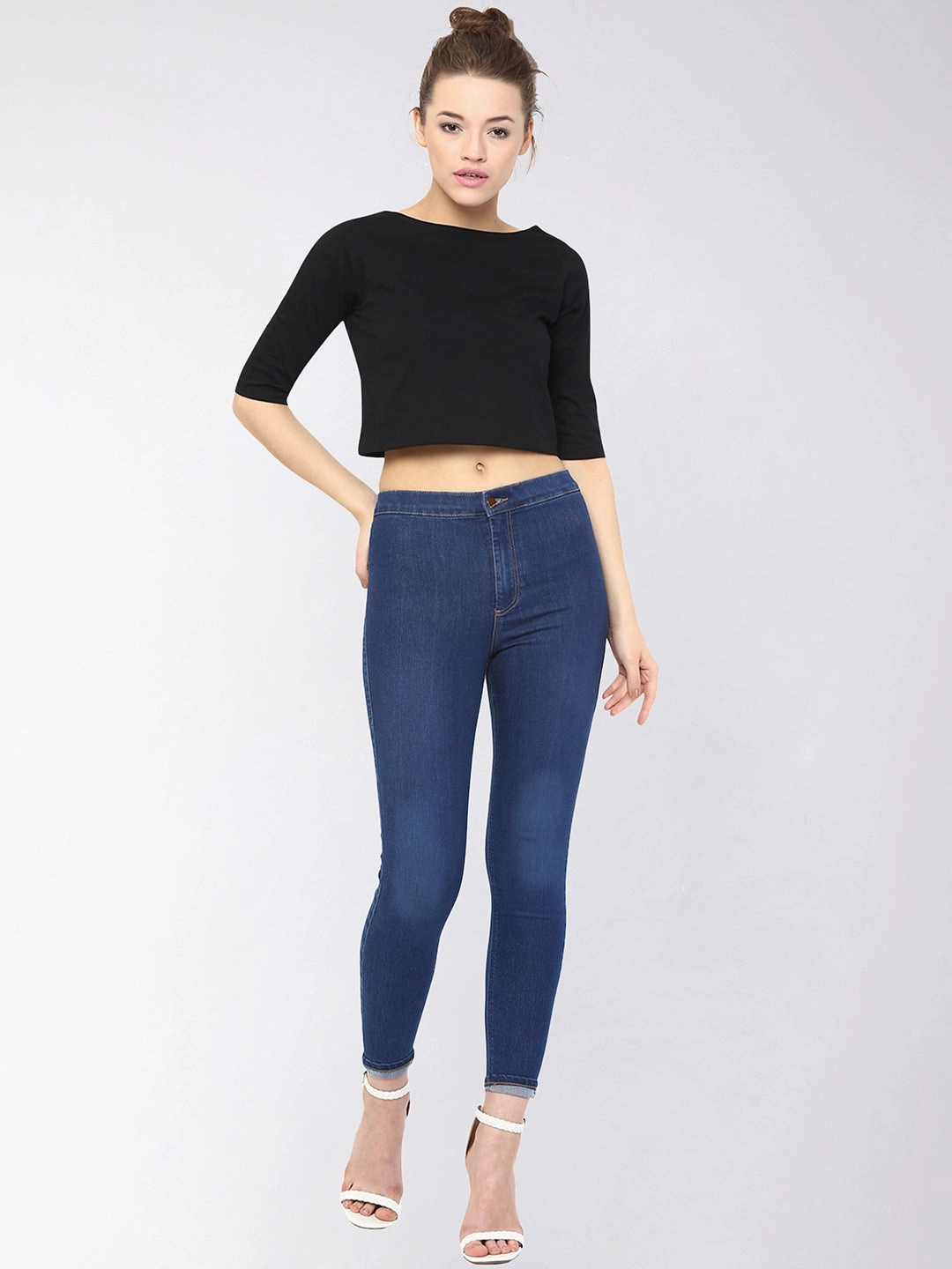 Ventilated Panel Design Bonded Seam Innovation Women's Black Boat Neck Half Sleeves Casual Buttoned Crop Top