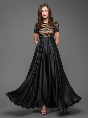 Women's Black Boat-Neck Short-Sleeve Abstract Fit & Flare Satin Maxi Dress Soft Motion Semi Fit