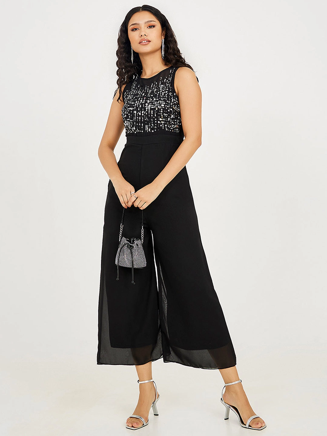 Women's Black Boat Neck Sleeveless Solid Embellished Regular Length Jumpsuit Stud-Detail