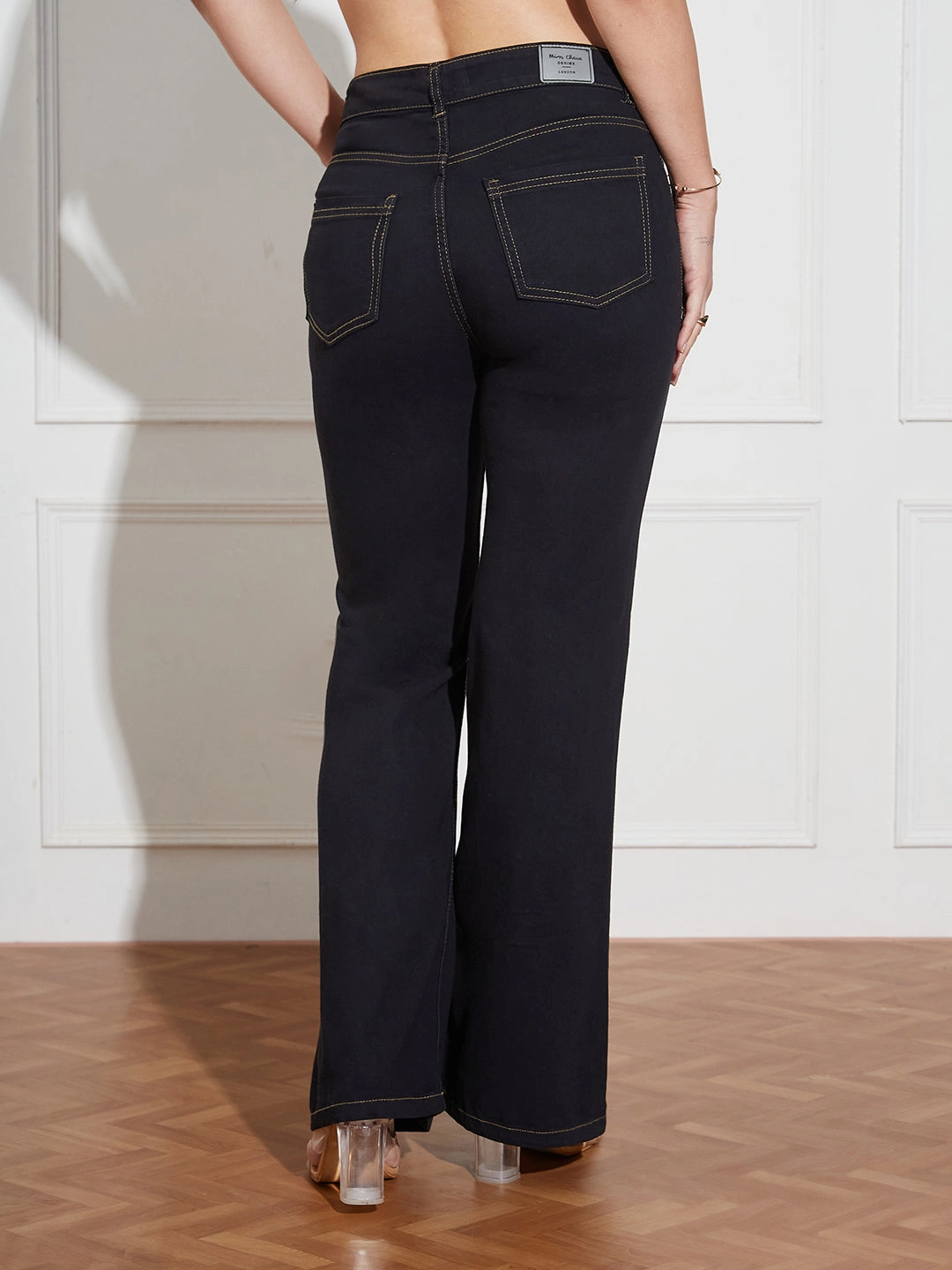 Morning Stroll Music Event Office Wear Women's Black Bootcut High-Rise Clean-Look Regular-Length Stretchable Denim Jeans