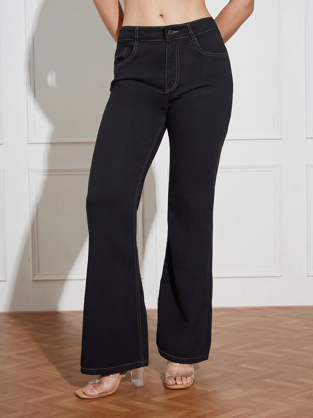 Stylish Choice Chic Style Women's Black Bootcut High-Rise Clean-Look Regular-Length Stretchable Denim Jeans