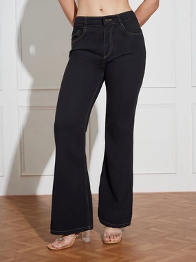 Stylish Choice Chic Style Women's Black Bootcut High-Rise Clean-Look Regular-Length Stretchable Denim Jeans