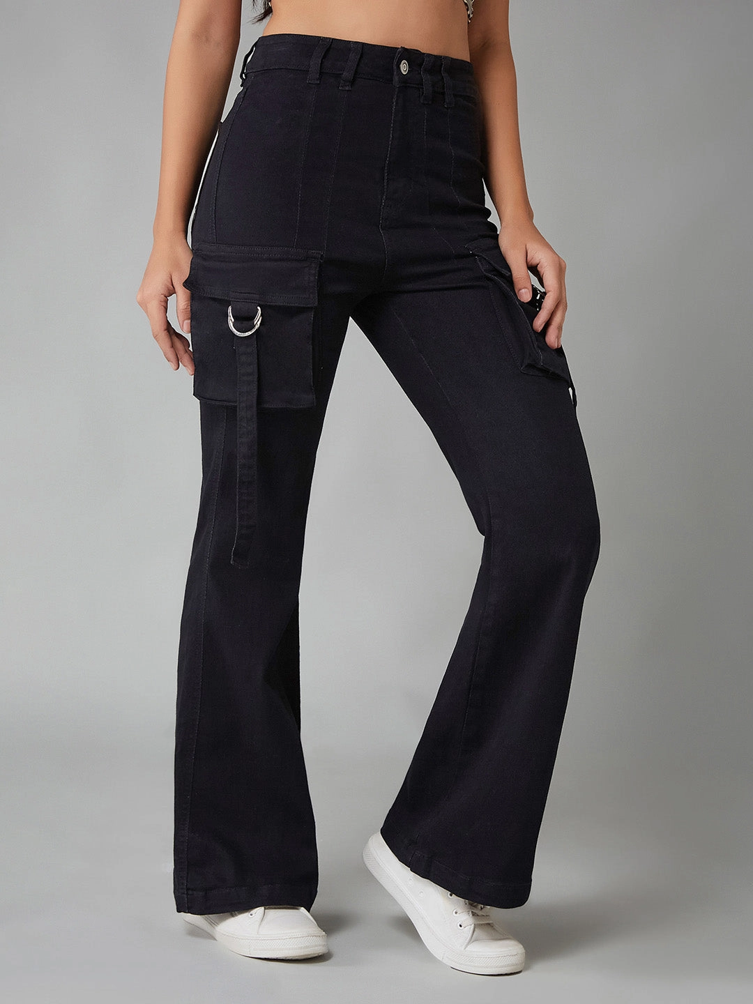 Women's Black Bootcut High-Rise Clean-Look Regular-Length Stretchable Denim Jeans Seamless Waistband Finish Chill Friendly