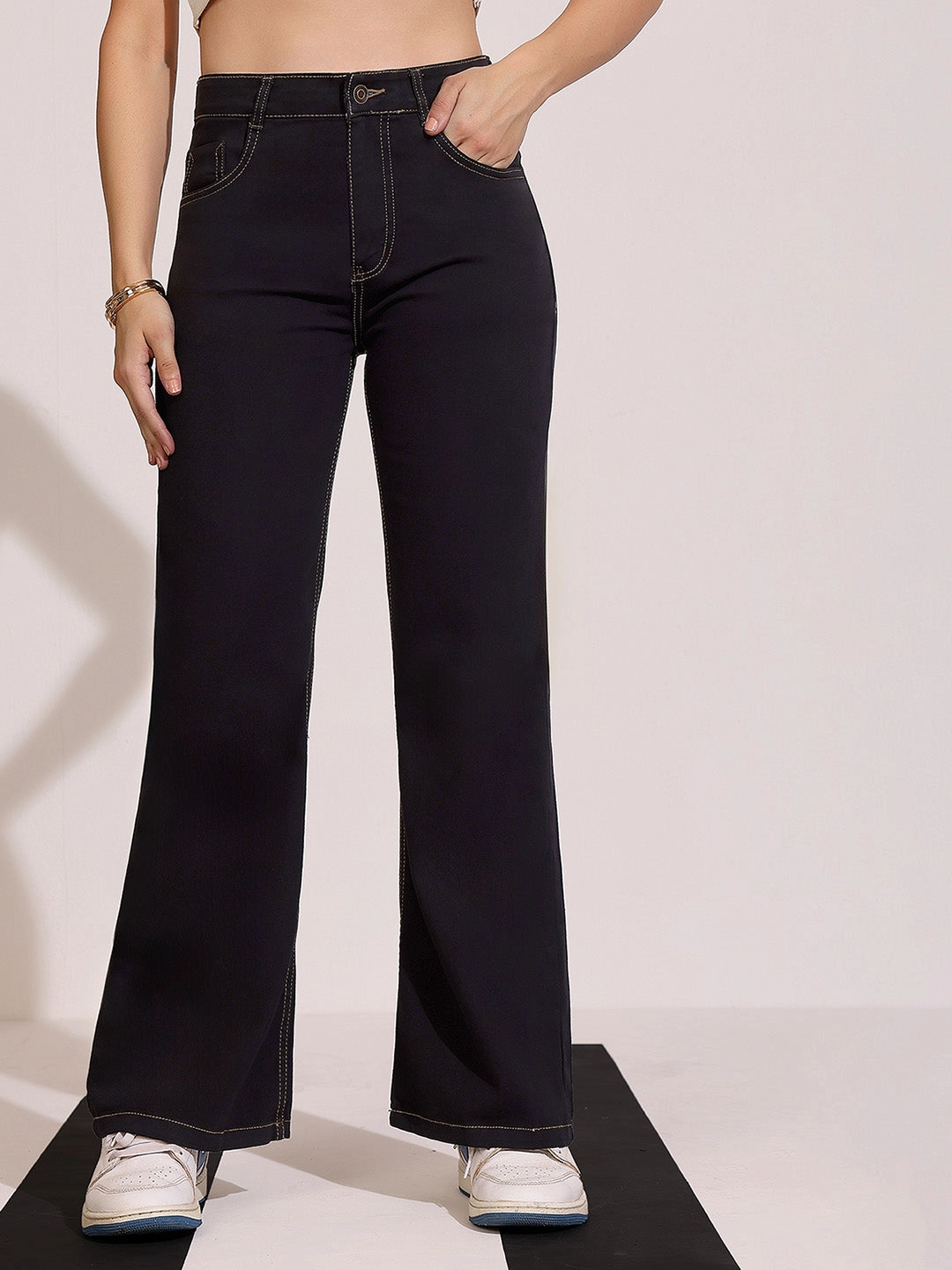 Premium Quality Women's Black Bootcut High-Rise Clean-Look Regular-Length Stretchable Denim Jeans