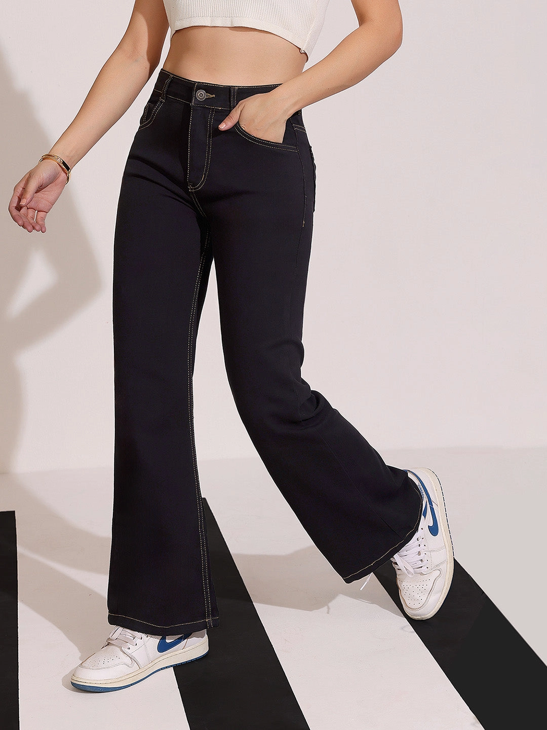 Basic Layers Classic Item Women's Black Bootcut High-Rise Clean-Look Regular-Length Stretchable Denim Jeans