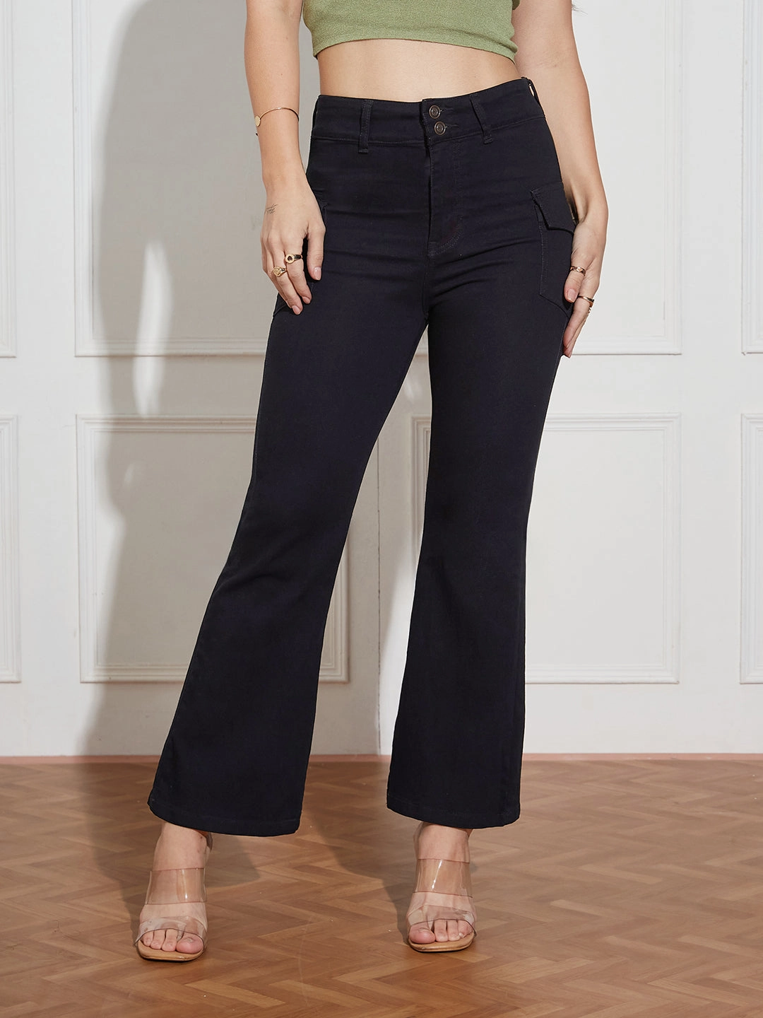 All Day Comfort Women's Black Bootcut High Rise Clean Look Regular Length Stretchable Denim Jeans