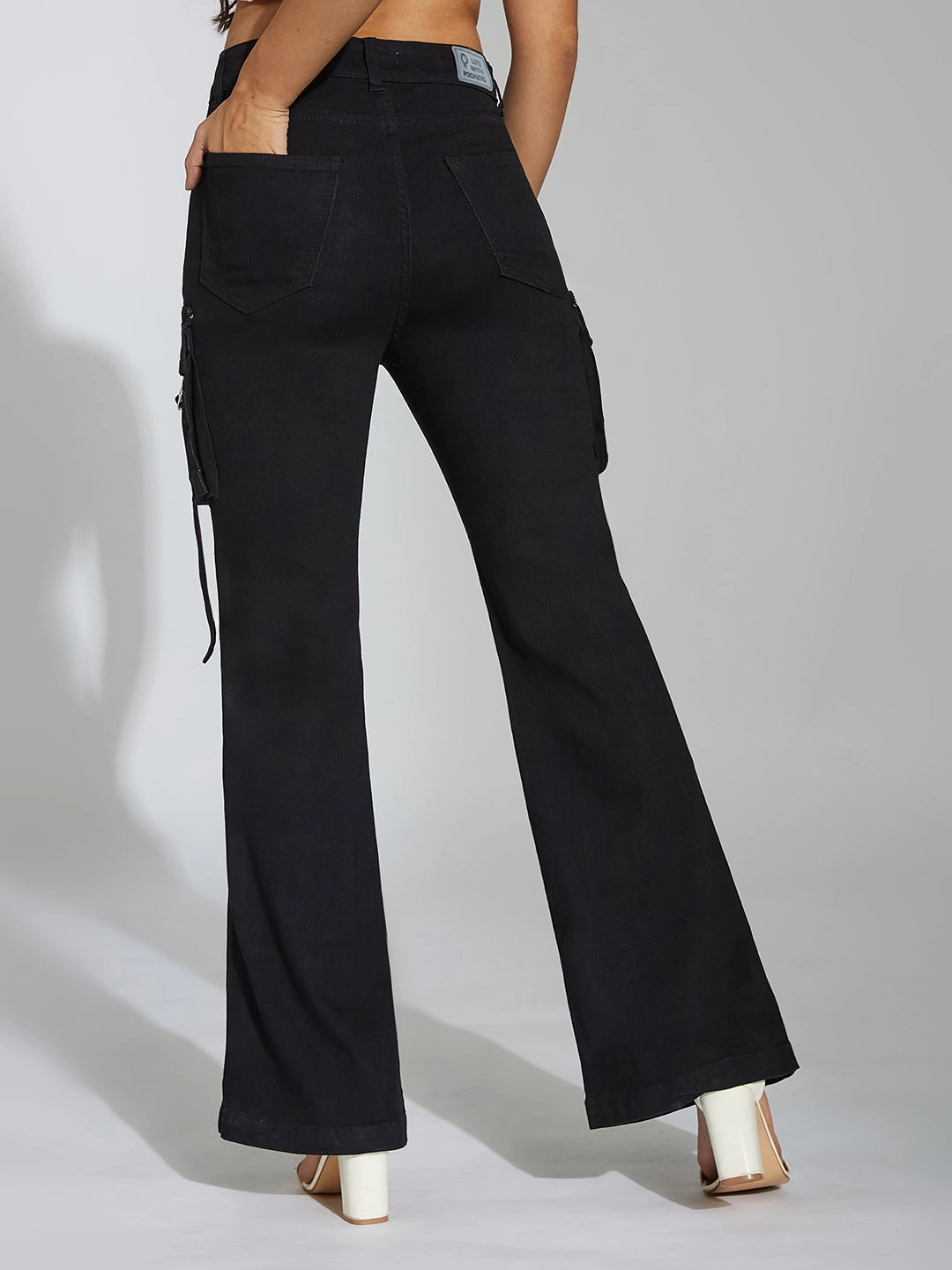 Women's Black Bootcut High-Rise Clean-Look Stretchable Denim Jeans Plain Favorite Riveted Stress Points