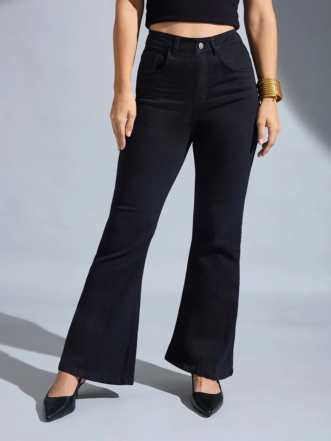 Stylish Waistband Daywear Fit Women's Black Bootcut High-Rise Stretchable Denim Jeans