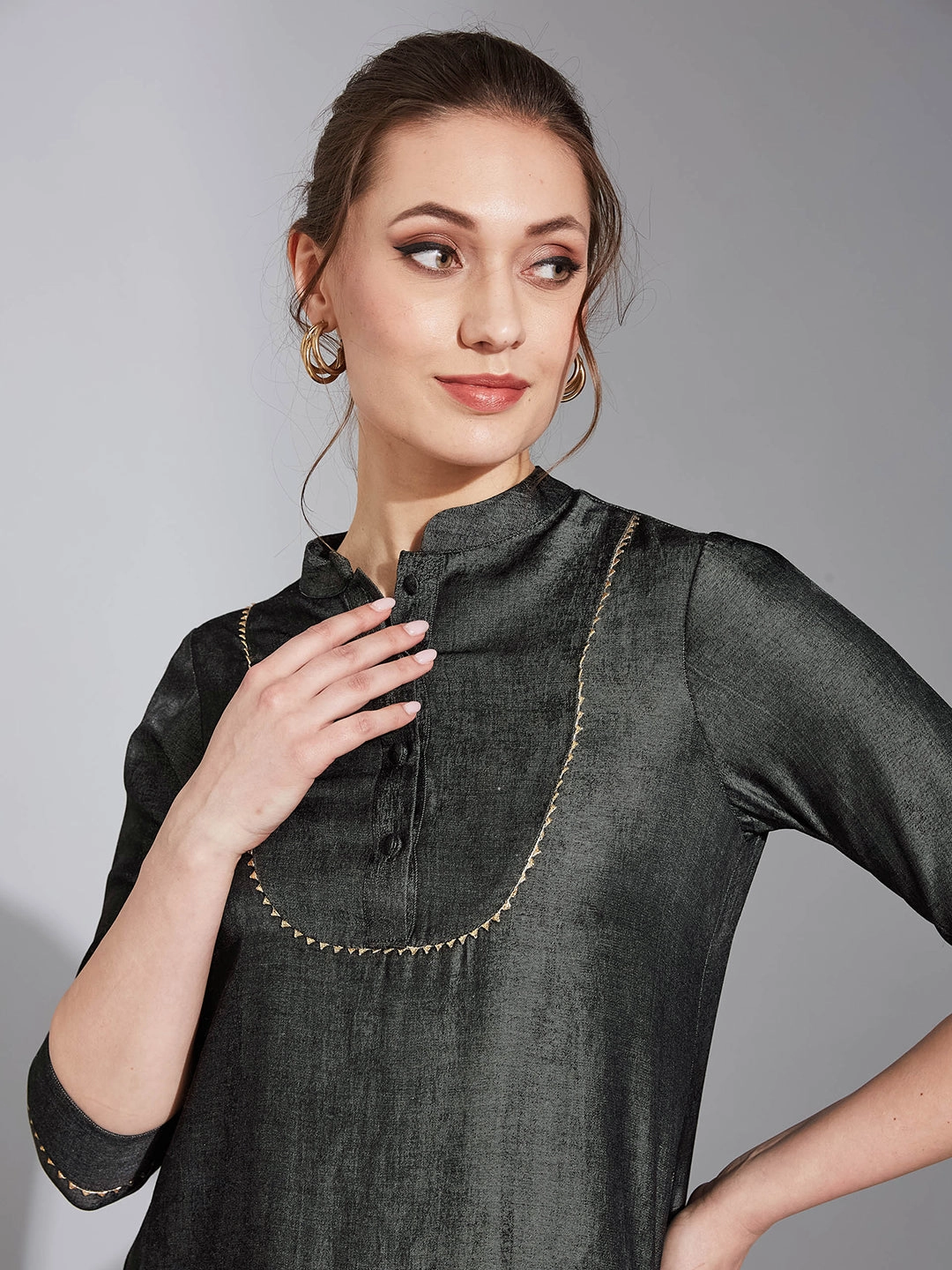 Women's Black Chinese Collar 3/4 Sleeve Solid Knee-Long Polyester Straight Kurta Cozy Cardigan Tubular Body Construction