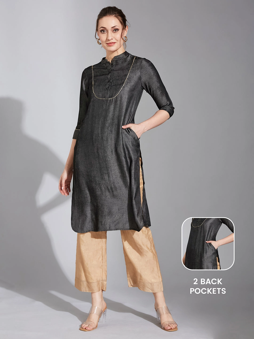 Women's Black Chinese Collar 3/4 Sleeve Solid Knee-Long Polyester Straight Kurta summer top Layered Neckline