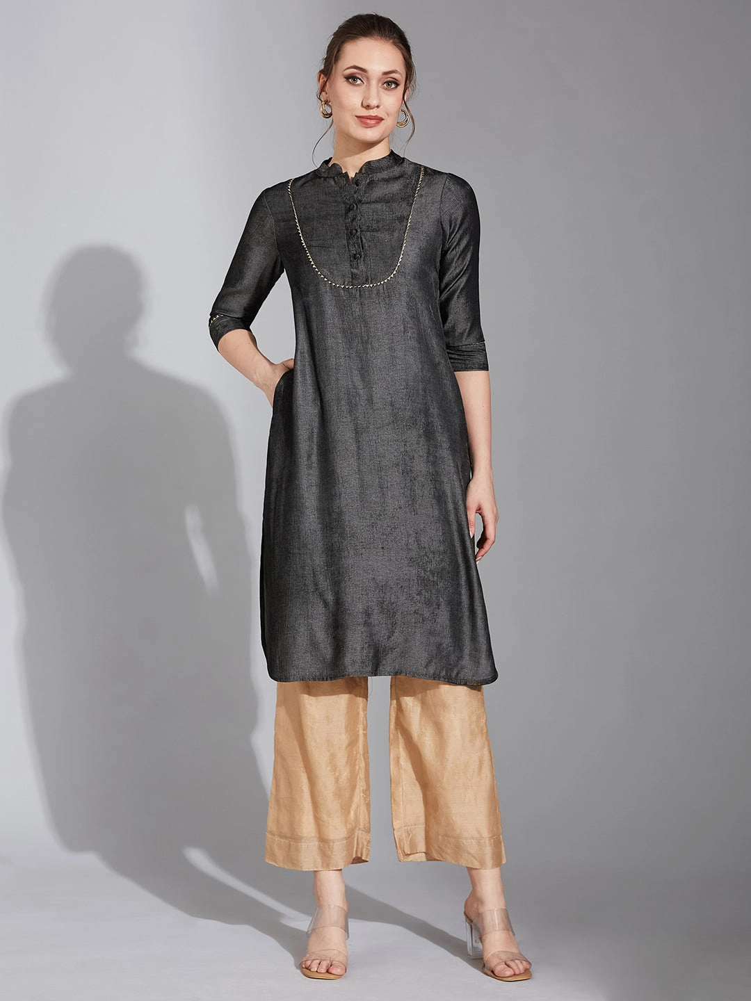 BondedHemline Women's Black Chinese Collar 3/4 Sleeve Solid Knee-Long Polyester Straight Kurta