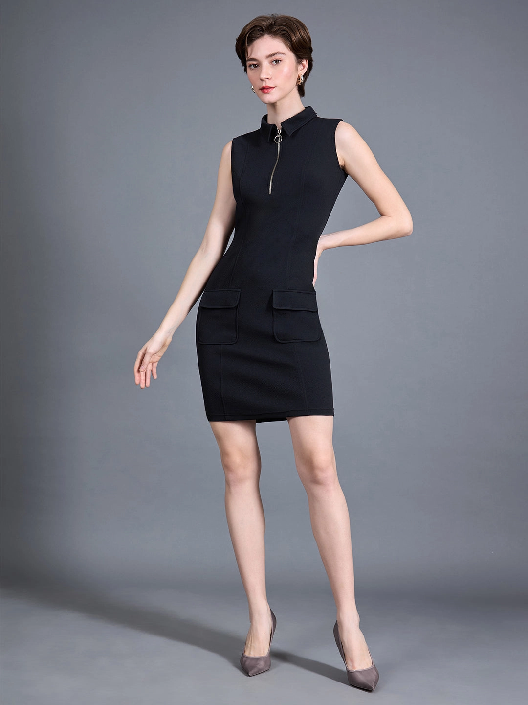 Women's Black Collared Sleeveless Polyester Solid Bodycon Knee-Long Dress Everyday Piece