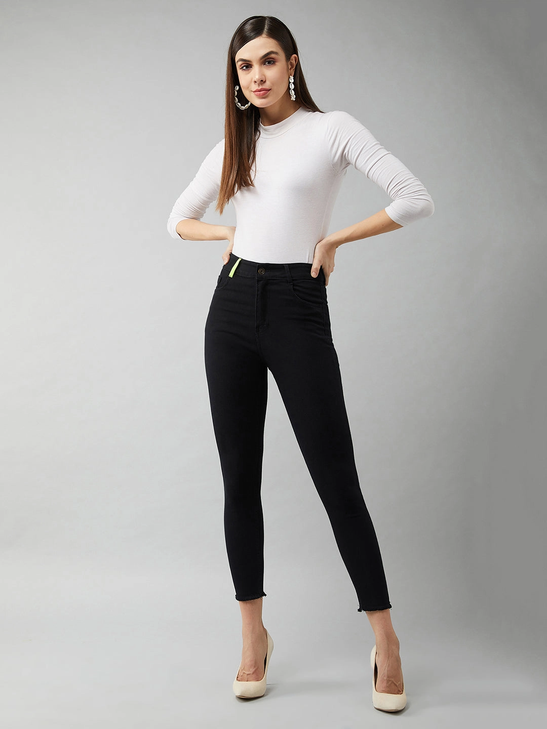 Women's Black Cotton Skinny-Fit Cropped High-Rise Stretchable Denim Jeans Casual Option Clean Style