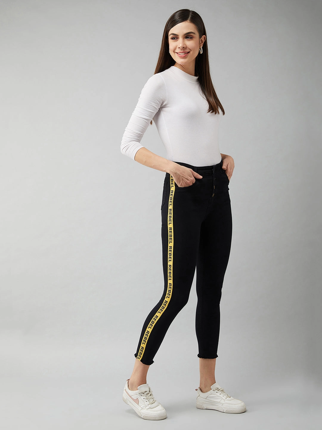 Minimalist Weekend Getaway Casual Urban Ready Women's Black Cotton Skinny-Fit Cropped High-Rise Stretchable Denim Jeans