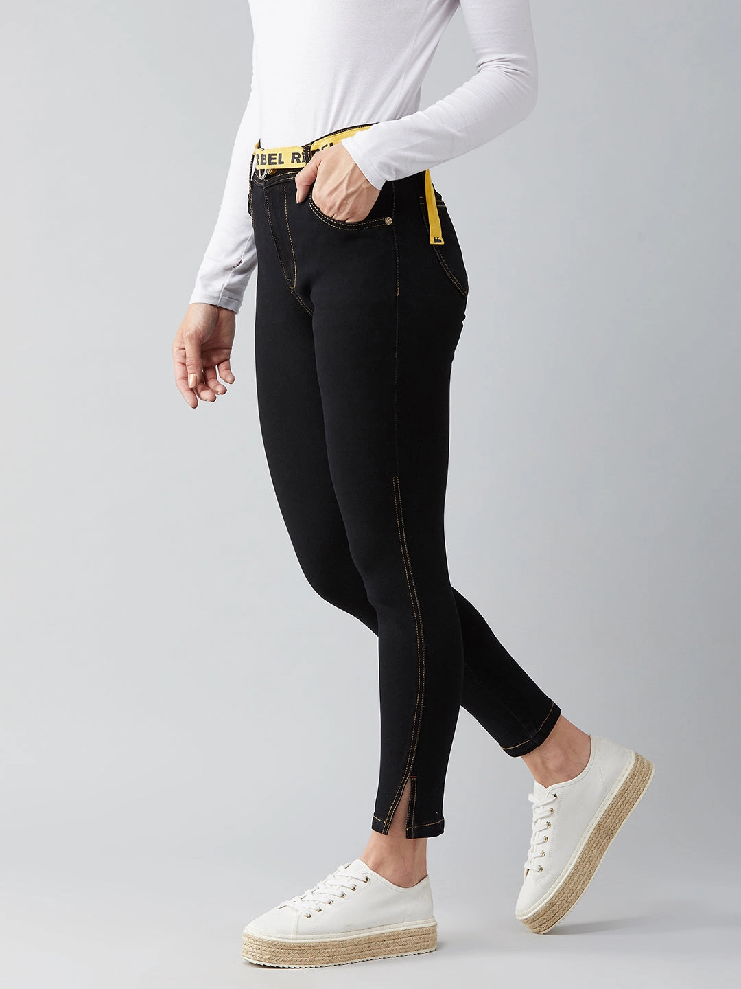 Gym Ready Evening Stroll Premium Material Women's Black Cotton Skinny-Fit High-Rise Ankle Length Length Stretchable Denim Jeans