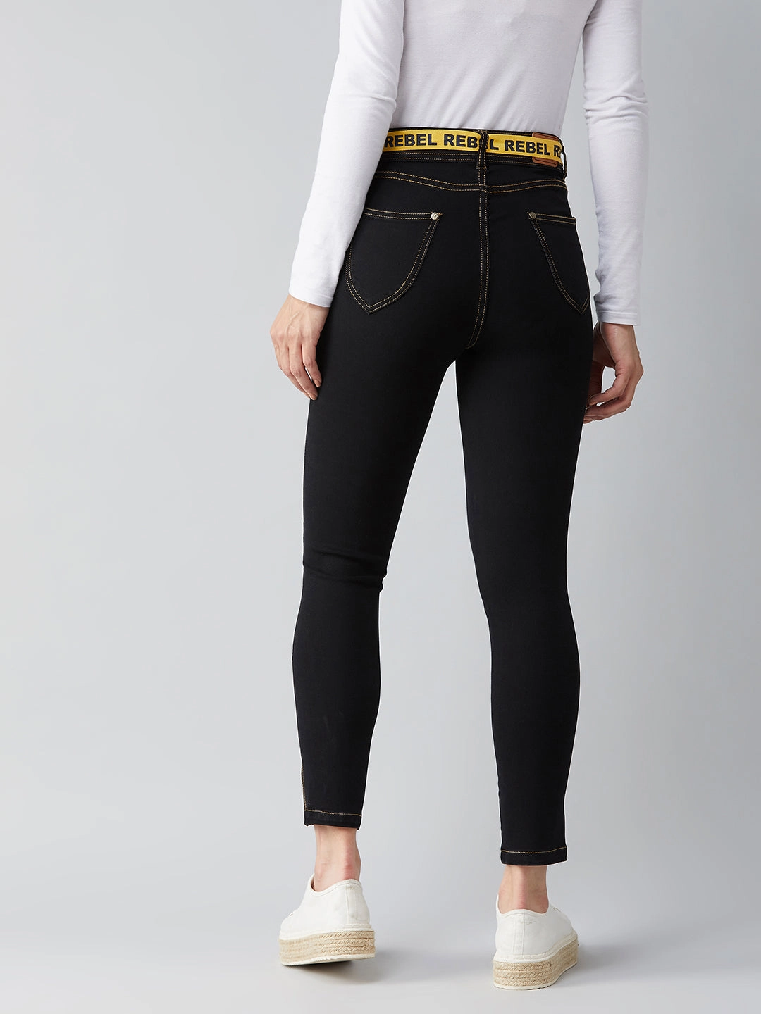 Slim Sunny Vibes Festival Outfit Modern Traveler Gear Sunny Vibes Women's Black Cotton Skinny-Fit High-Rise Ankle Length Length Stretchable Denim Jeans