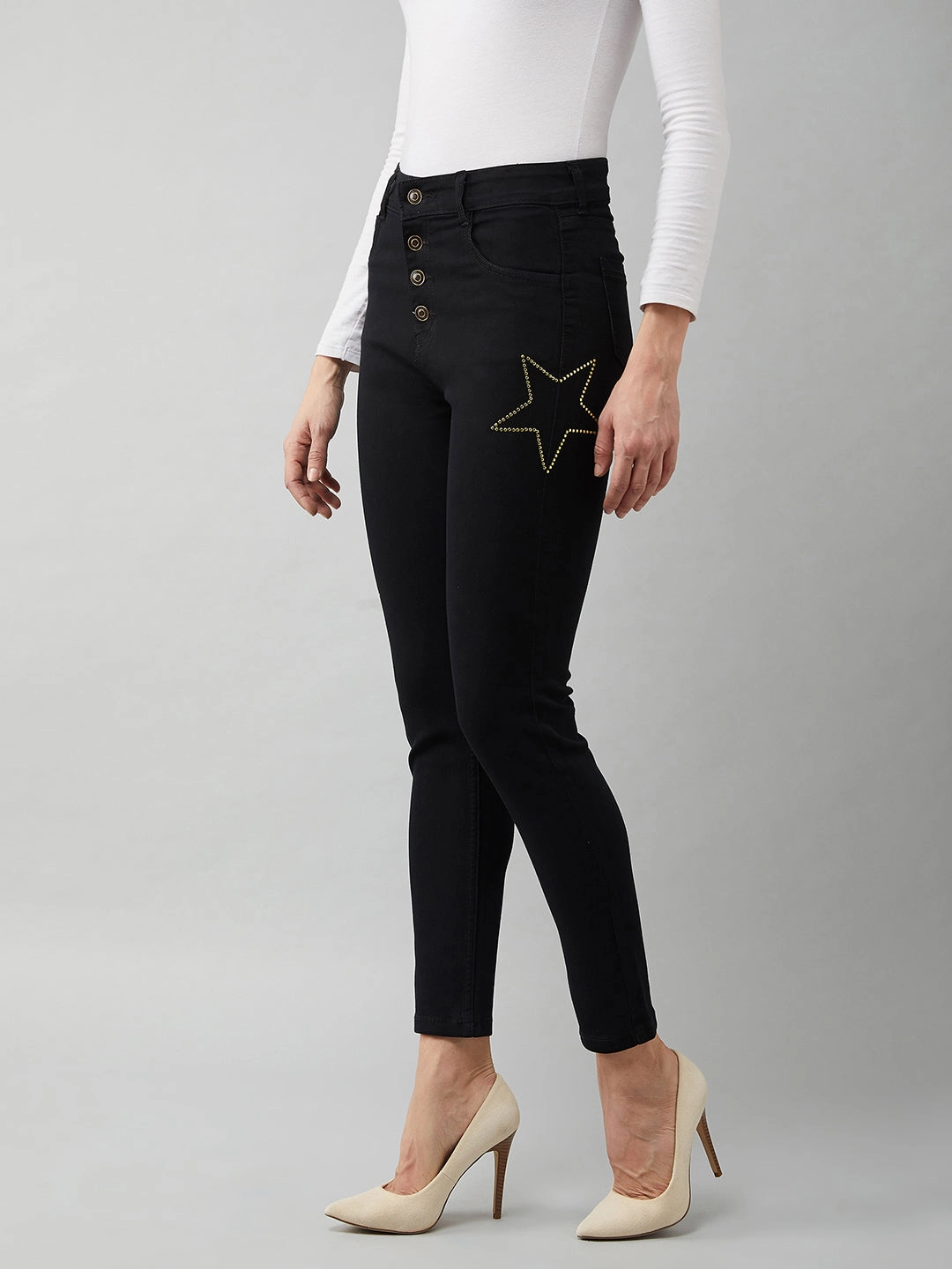 Winter Warmth Durable Women's Black Cotton Skinny-Fit Relaxed High-Rise Stretchable Denim Jeans
