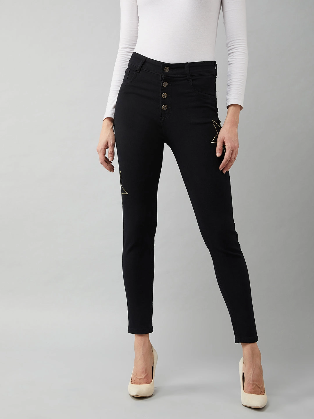 Women's Black Cotton Skinny-Fit Relaxed High-Rise Stretchable Denim Jeans Date Night Sunny Vibes