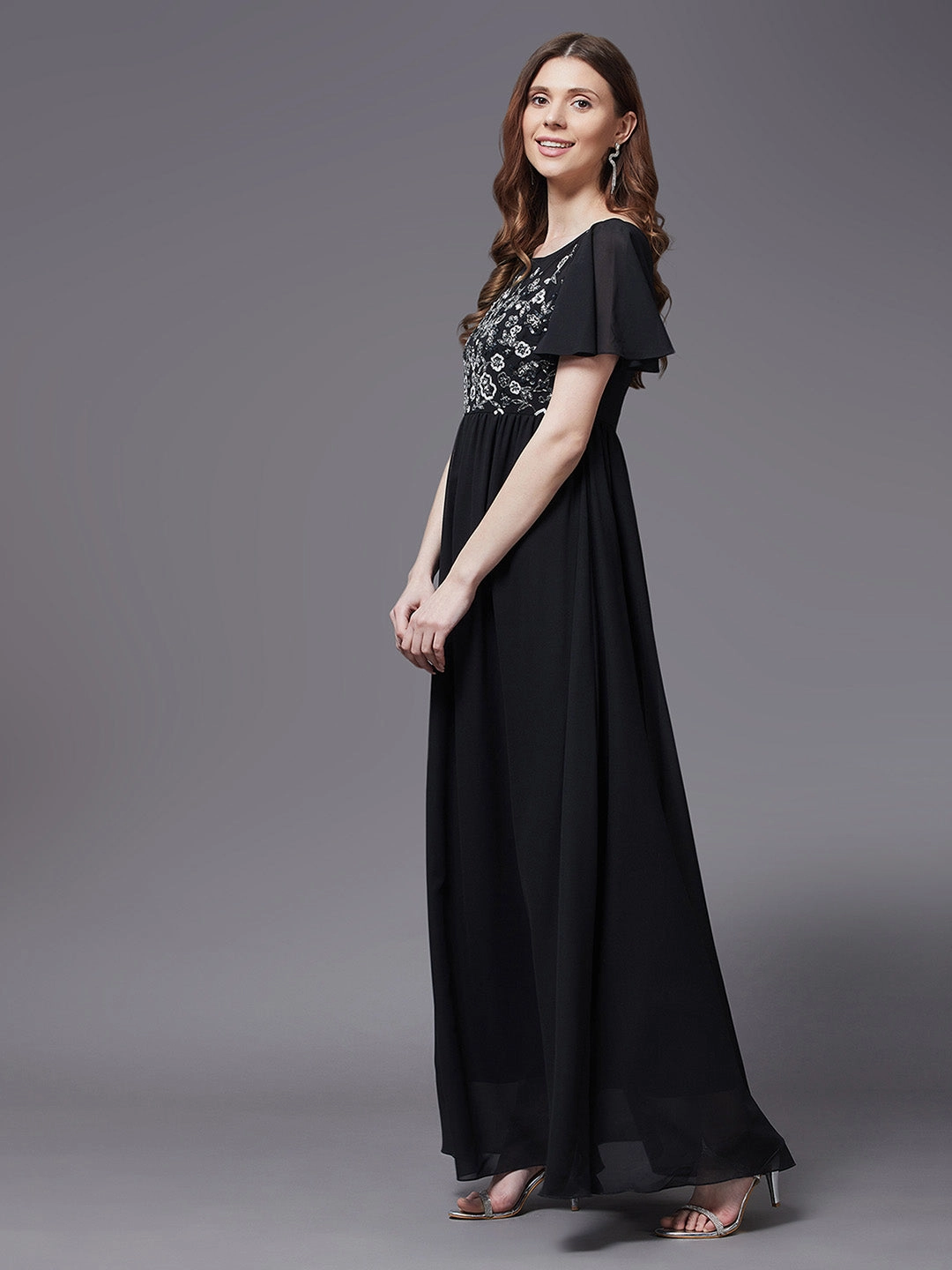 confident look Smart and Sleek Women's Black Embellished Gathered Maxi Dress