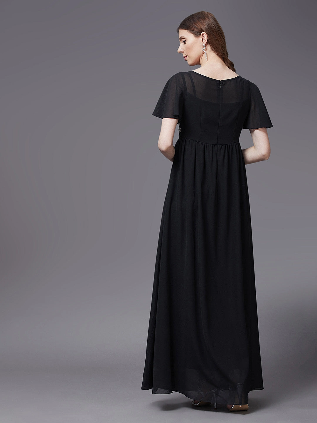 Subtle pattern Smart Tones Women's Black Embellished Gathered Maxi Dress