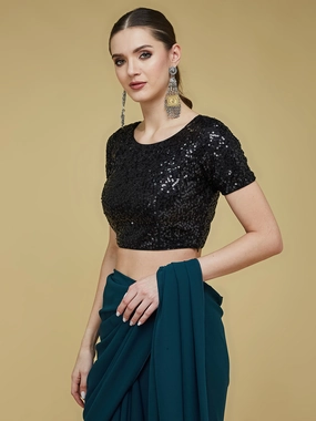 Buttonless Closure Women's Black Embellished Round Neck Half Sleeve Princess Seam Pocketed Polyester Back Tie Up Short Blouse