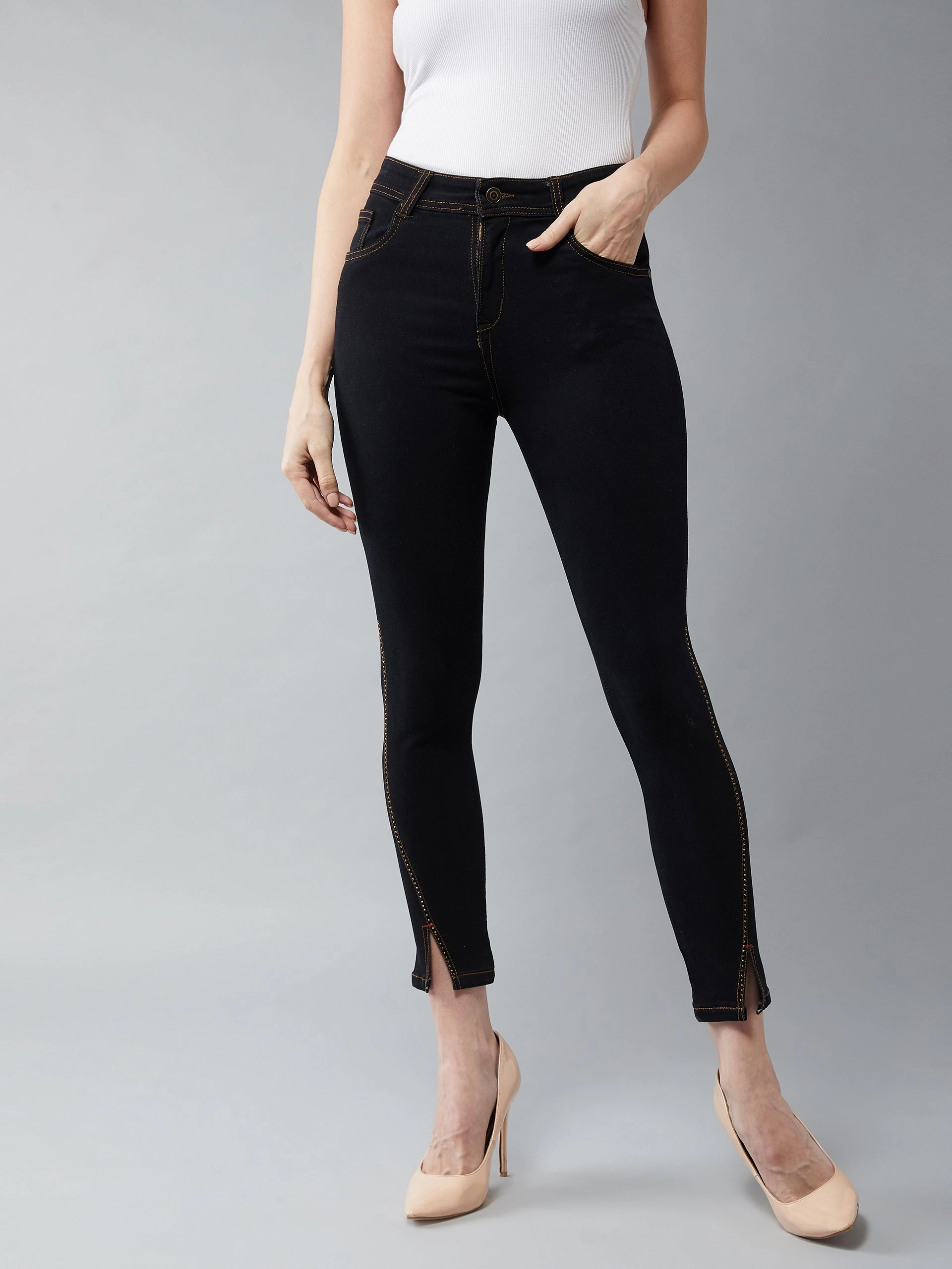 Premium Quality Sandblasted Finish Women's Black Embellished Skinny High-Rise Side-Slit Solid Cropped-Length Stretchable Denim Jeans