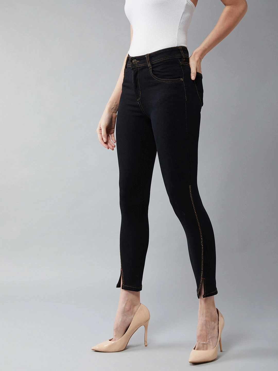 Women's Black Embellished Skinny High-Rise Side-Slit Solid Cropped-Length Stretchable Denim Jeans Classic Wear Party Look Universal Favorite