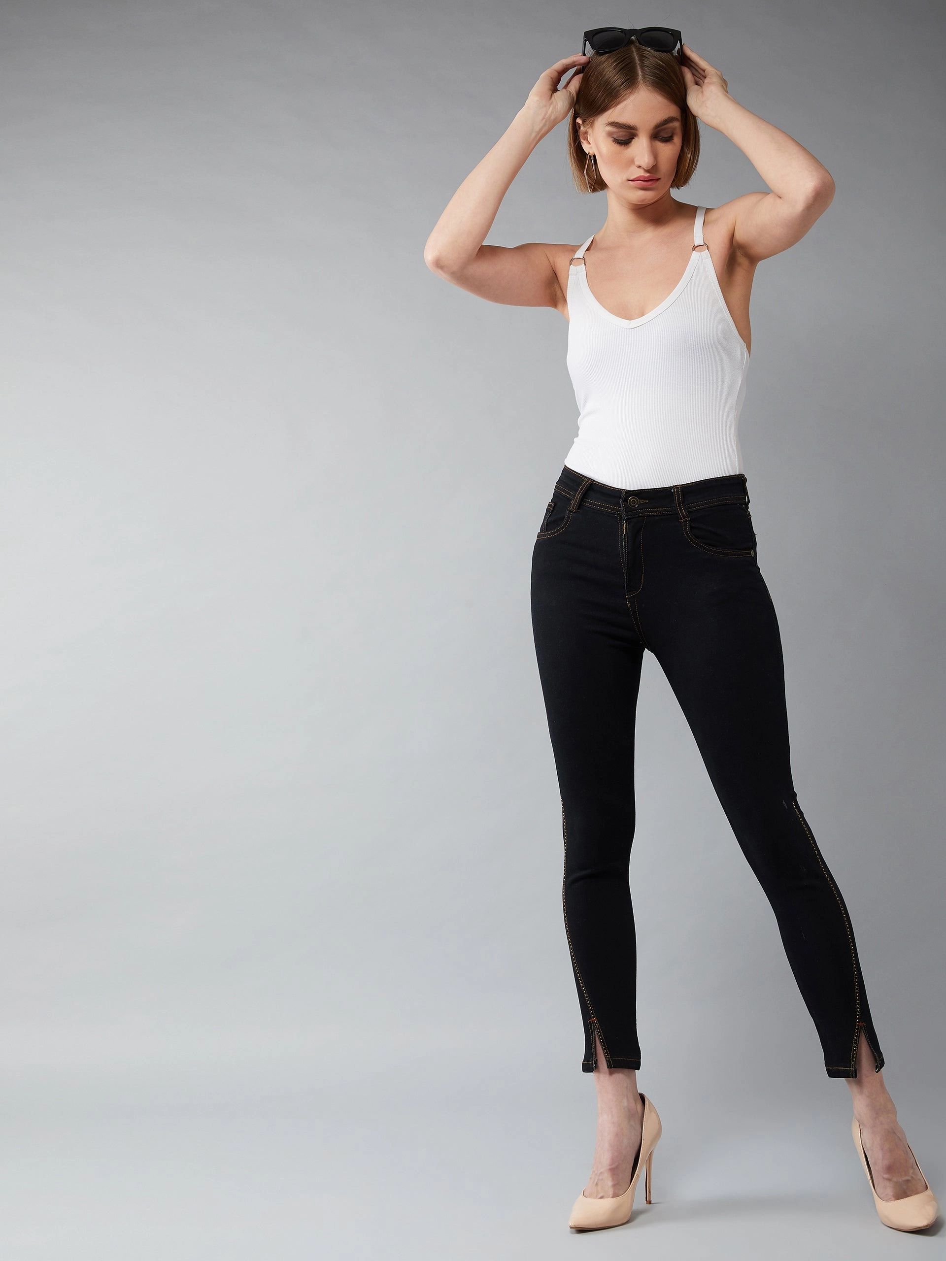 Women's Black Embellished Skinny High-Rise Side-Slit Solid Cropped-Length Stretchable Denim Jeans No Bulk Seam Design