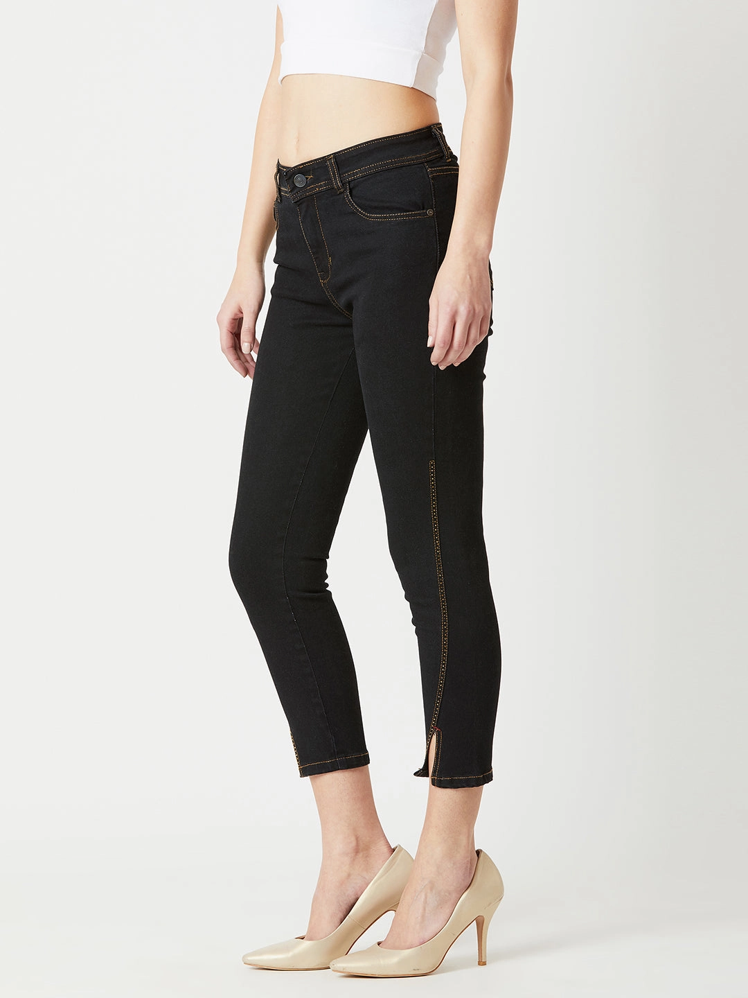Fashion Routine Durable Weave Women's Black Embellished Skinny High-Rise Side-Slit Solid Cropped-Length Stretchable Denim Jeans