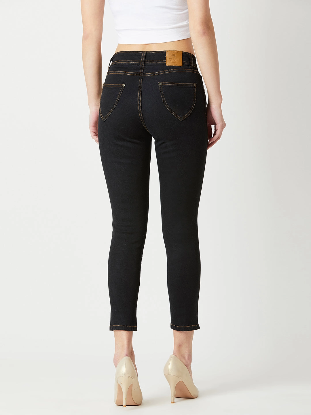 Artist Vibe Durable Everyday Fashion Women's Black Embellished Skinny High-Rise Side-Slit Solid Cropped-Length Stretchable Denim Jeans