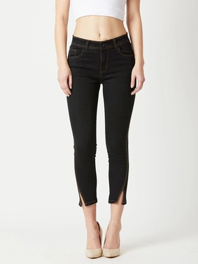 Stylish Touch Women's Black Embellished Skinny High-Rise Side-Slit Solid Cropped-Length Stretchable Denim Jeans