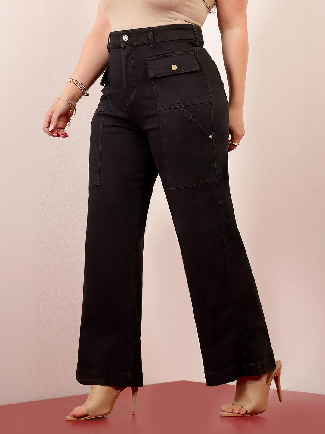 Women's Black Flared High-Rise Regular Stretchable Denim Jeans Basic Style Formal Adult Fashion