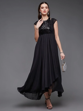 Women's Black Halter-Neck Cap-Sleeve Solid Pleated Embellished Georgette Maxi Dress Tie-Detail
