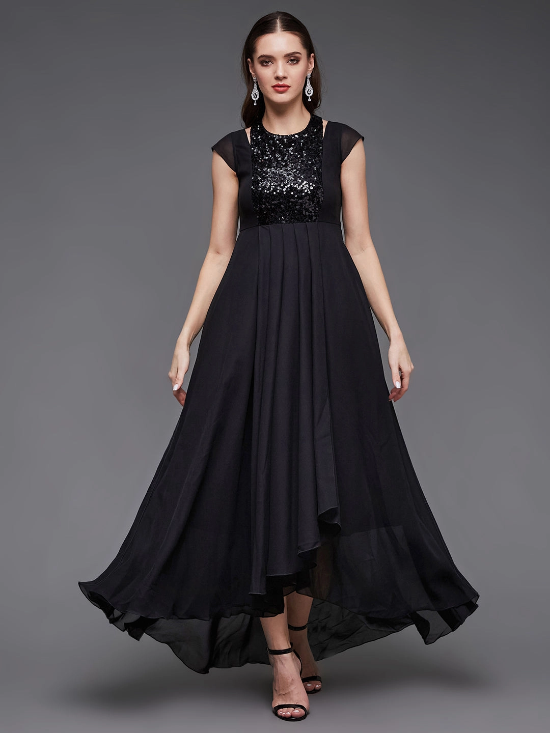 Women's Black Halter-Neck Cap-Sleeve Solid Pleated Embellished Georgette Maxi Dress Soul Warm
