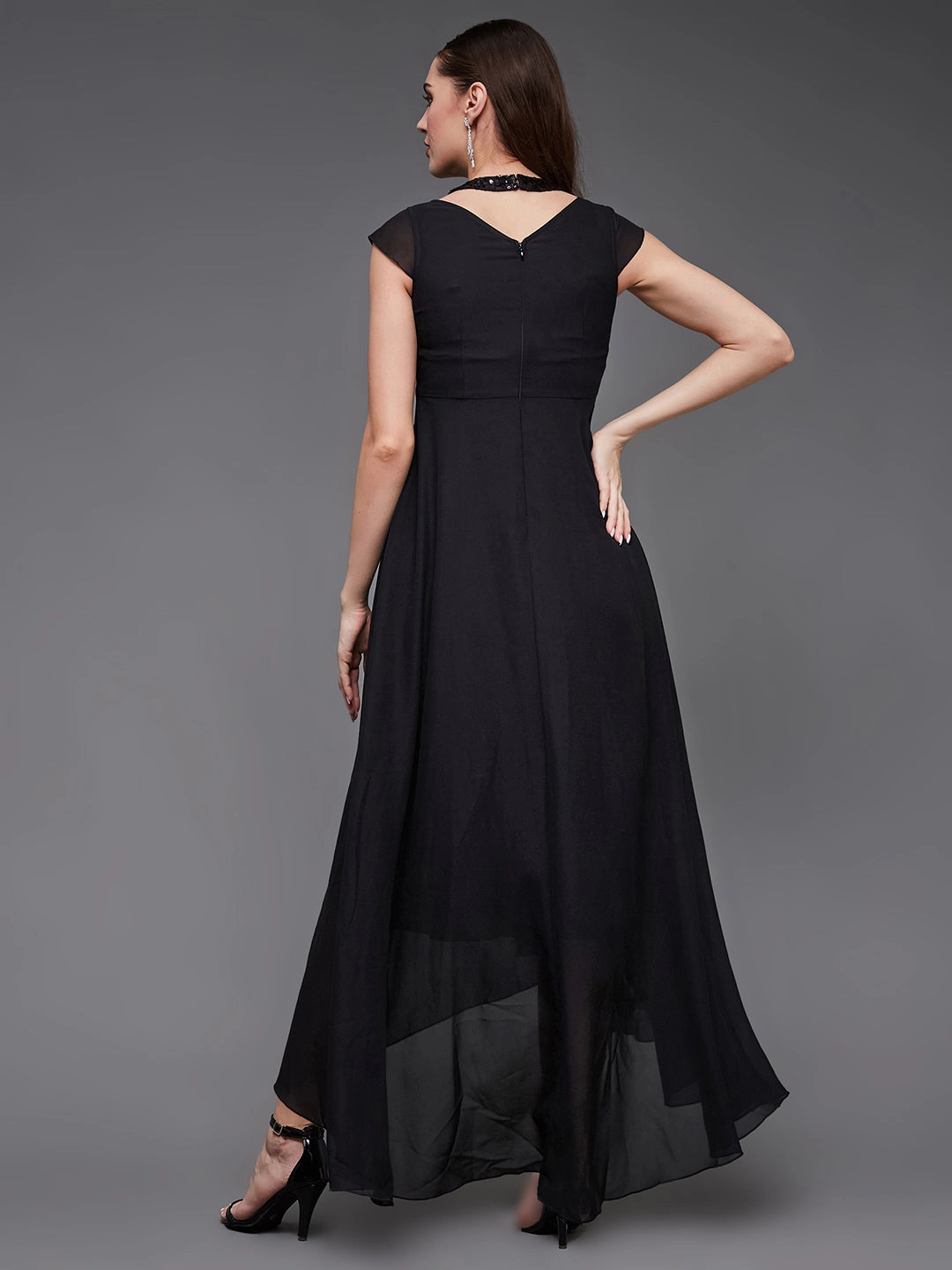 Smart and Stylish Women's Black Halter-Neck Cap-Sleeve Solid Pleated Embellished Georgette Maxi Dress